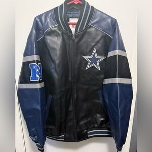 Vtg NWT Dallas Cowboys Black Blue NFL Lined Bomber Vinyl Jacket Coat Sz L Fit XL